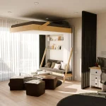 Lit escamotable Juno en position jour présenté en aménagement gain de place complet comprenant 2 étagères et son canapé.