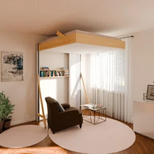 Lit escamotable Juno en position jour présenté en aménagement gain de place comprenant 1 étagères .