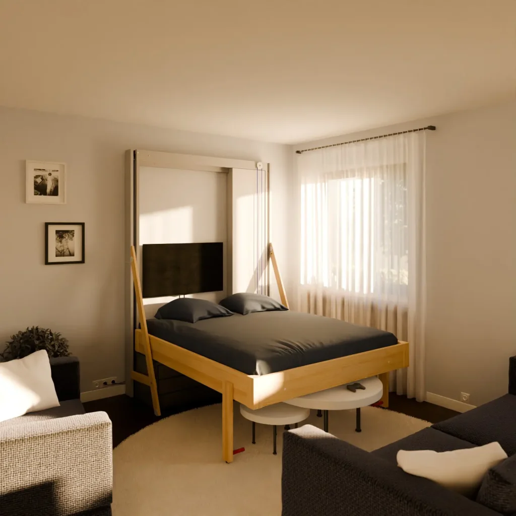 Lit escamotable pas cher en pin massif Juno fabriqué en France en position nuit présenté en aménagement gain de place seul .