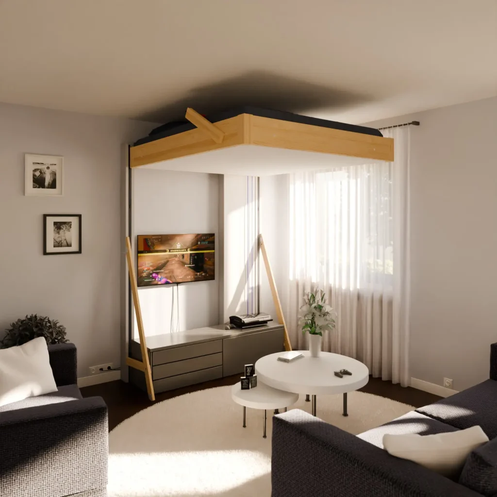 Lit escamotable pas cher en pin massif Juno fabriqué en France en position jour présenté en aménagement gain de place seul .