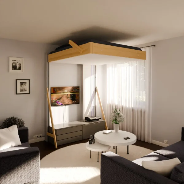 Lit escamotable Juno en position jour présenté en aménagement gain de place seul .