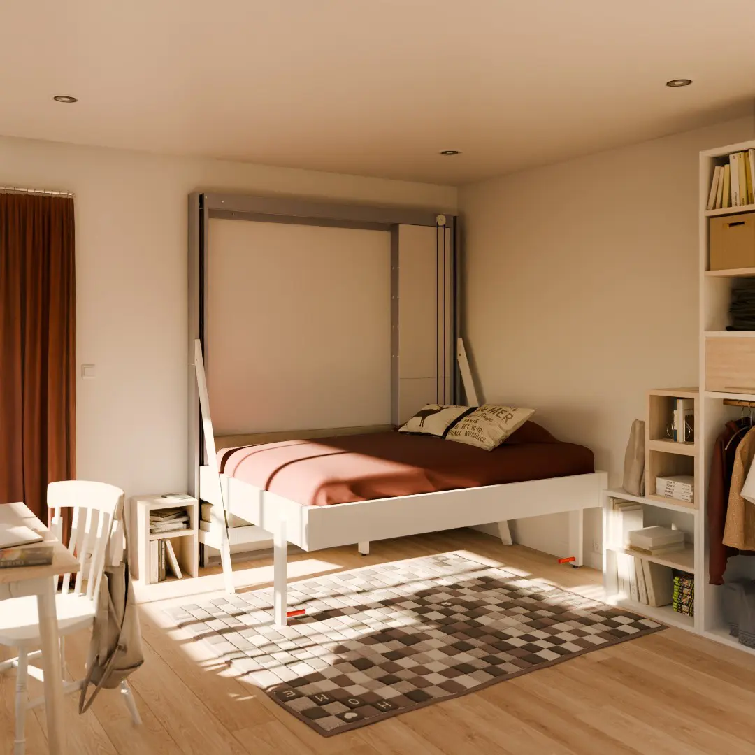 Lit escamotable Juno en position nuit présenté en aménagement gain de place comprenant 1 canapé .