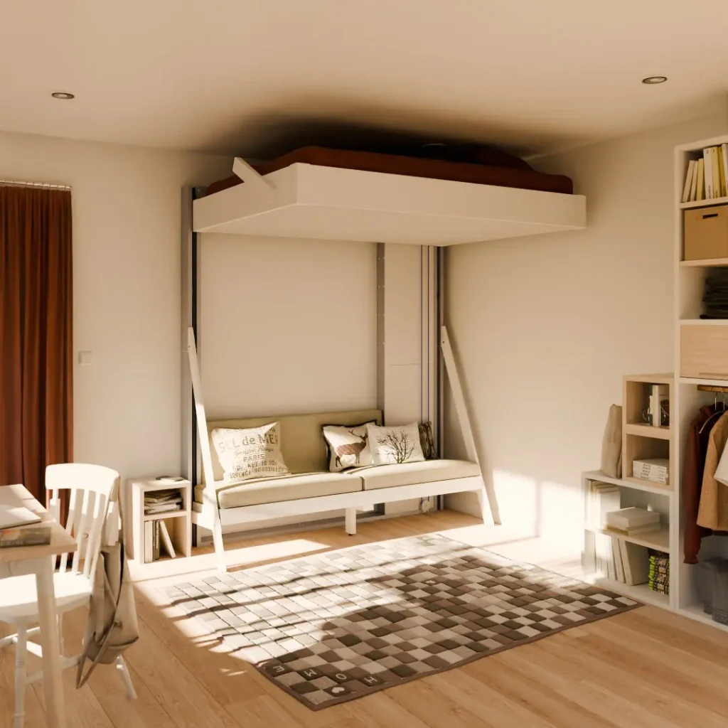 Lit escamotable Juno en position jour présenté en aménagement gain de place comprenant 1 canapé .