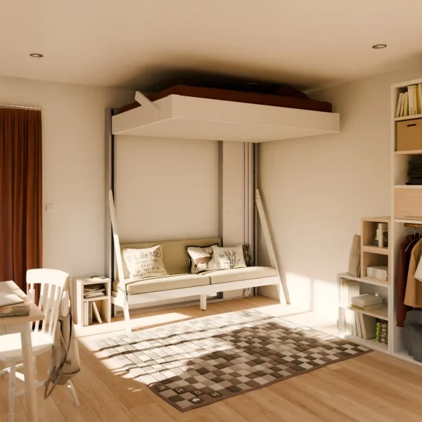 Lit escamotable Juno en position jour présenté en aménagement gain de place comprenant 1 canapé .