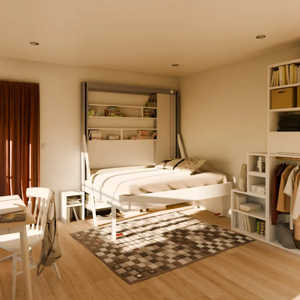 Lit escamotable pas cher en pin massif Juno fabriqué en France édition limitée 2026 en blanc en position nuit présenté en aménagement gain de place étagère et canapé .