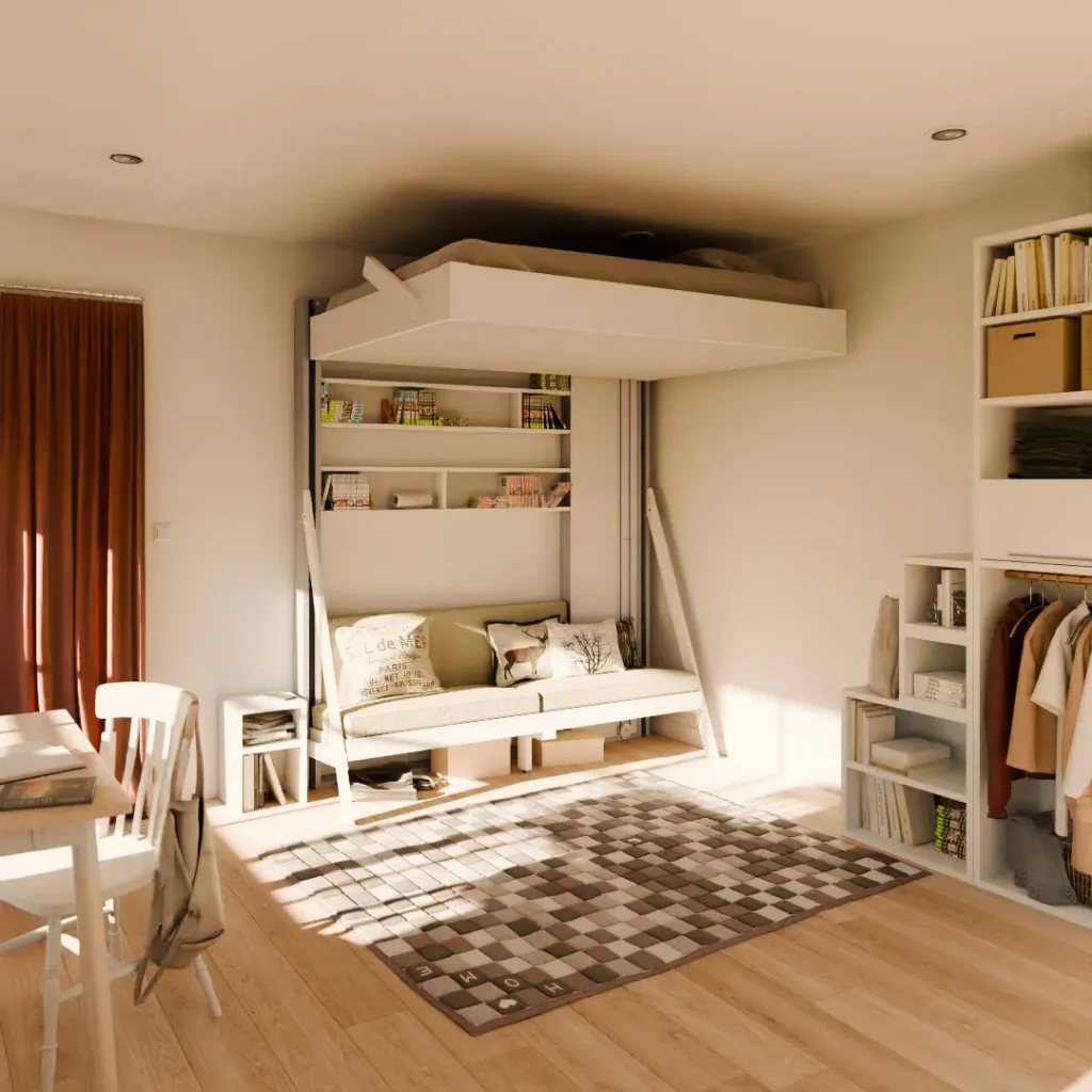 Lit escamotable pas cher en pin massif Juno fabriqué en France édition limitée 2026 en blanc en position jour présenté en aménagement gain de place étagère et canapé .