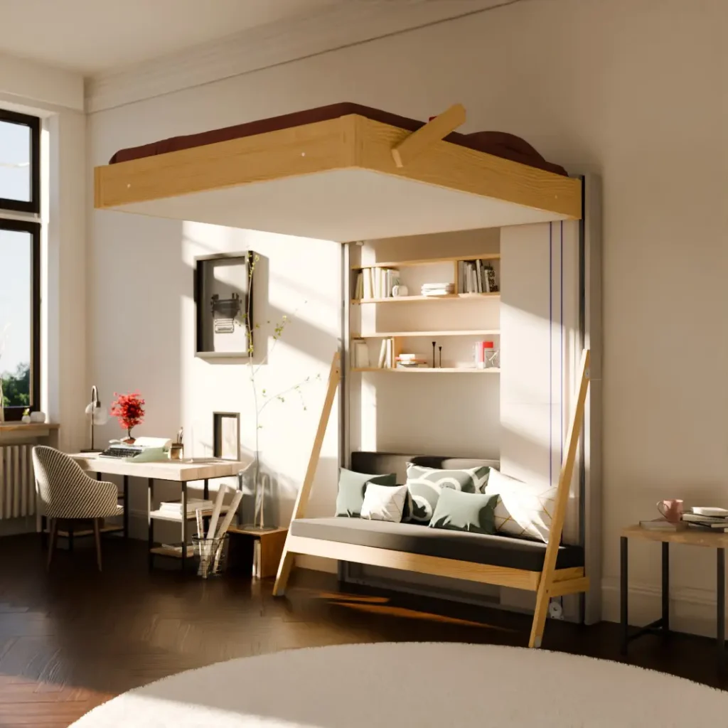 Lit escamotable Juno édition Pin massif en position jour présenté en aménagement gain de place étagère et canapé .