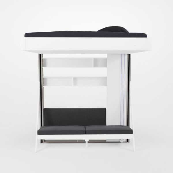 Lit escamotable au plafond pas cher Juno Bed up, fabriqué en France, facilement installable présenté dans une variation de configuration en couchage le long du mur