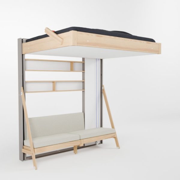 Lit escamotable au plafond pas cher Juno Bed up, fabriqué en France, facilement installable présenté dans une variation de configuration en couchage le long du mur
