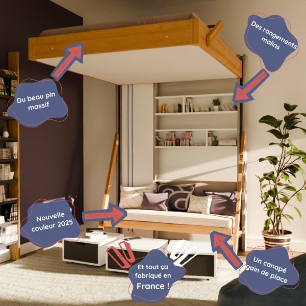 Photo annotée avec les avantage du lit escamotable au plafond Juno pour le gain de place